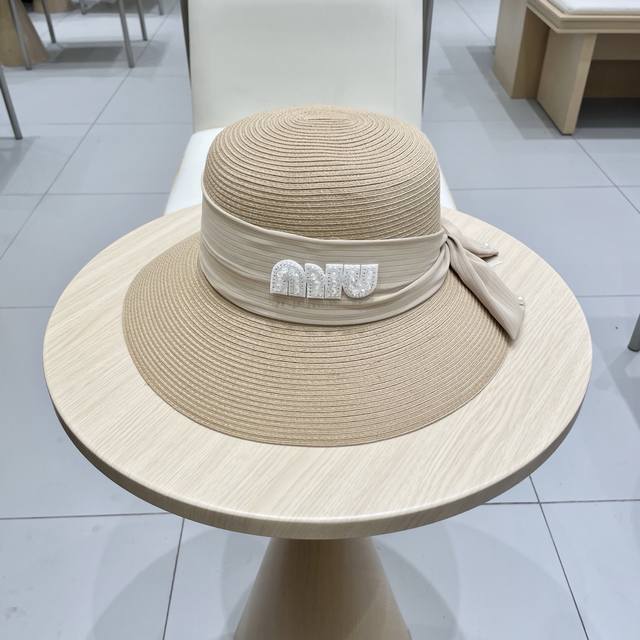 Miu Miu Simple Bow Wide Brim Straw Hat Women's Summer Beach Sun Protection Folda