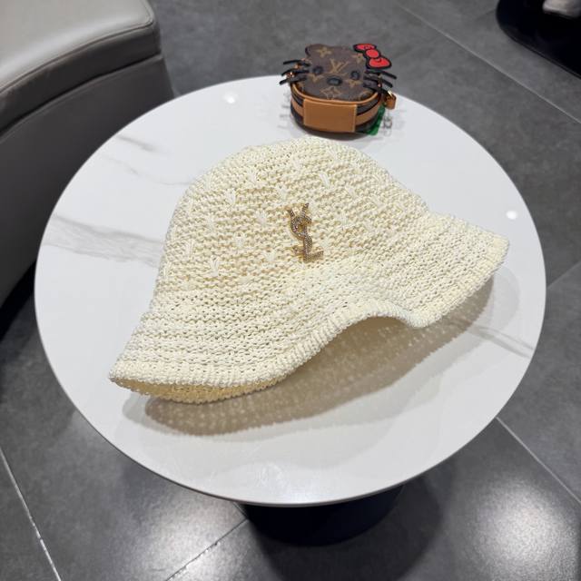 圣罗兰Saint Laurent 春夏季针织镂空撞色条纹水桶帽女百搭防晒出游遮阳帽渔夫帽显脸小