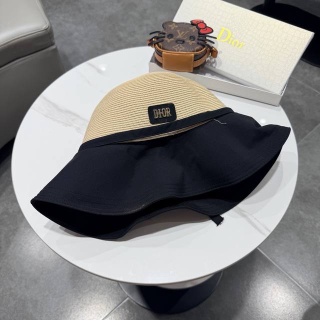 Dior wide-brimmed papyrus bow fisherman's hat for women, summer sun hat, Korean