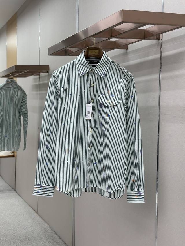 Ralph Laur splatter striped long-sleeved collared shirt Made from imported, cust Ralph Laur splatter striped long-sleeved collared shirt Made from imported, cust