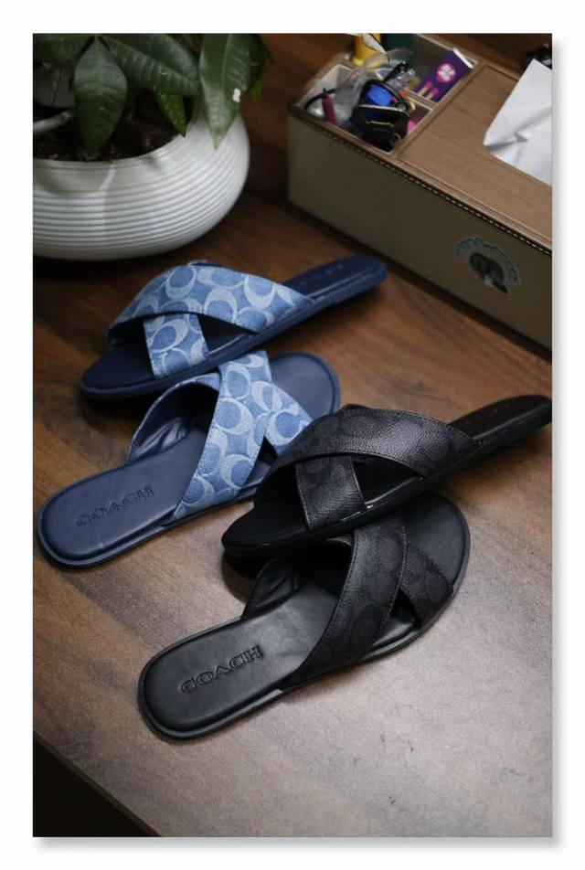 Authentic Coach sandals, new arrivals | Classic C logo monogram style. Blue flat