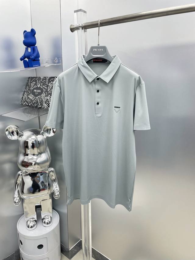 Prada 2025 Summer New Triangle Logo Polo Short-Sleeve Tee, Sizes S and . A top-t
