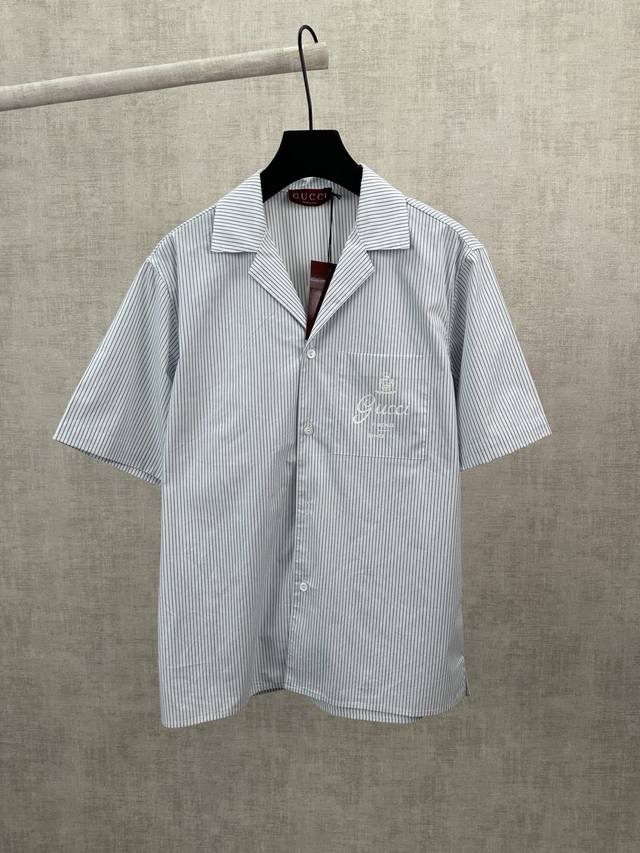 G brand 26Ss new cotton short-sleeved striped chest pocket bowling shirt, regula