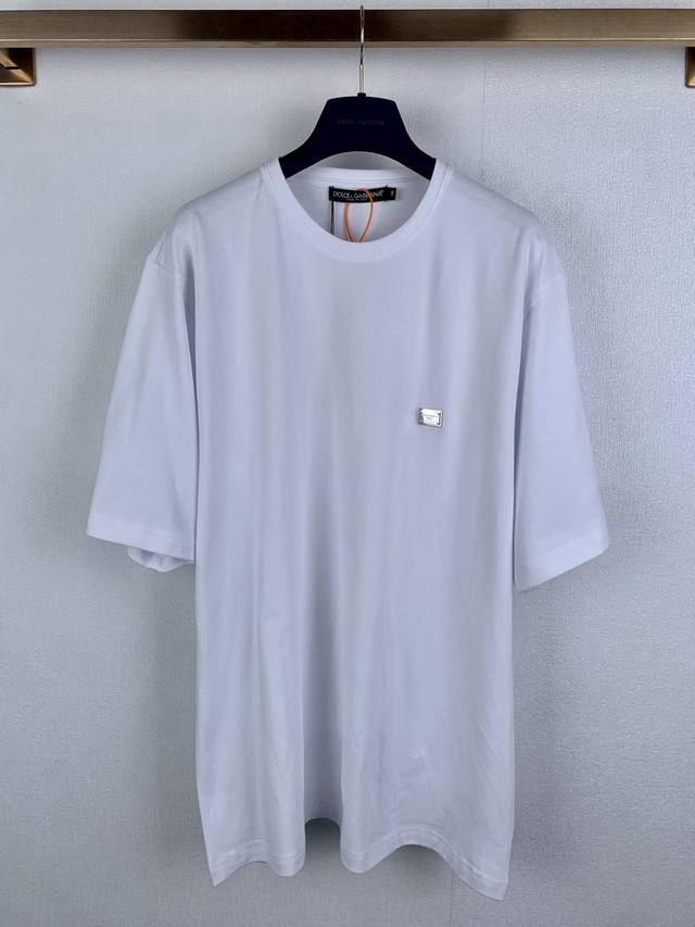 Dolce & Gabbana Metal Logo Short-Sleeve T-Shirt. Custom-made platinum soft piqu