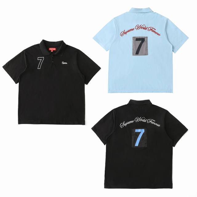 150，Supreme 设计刺绣图案短袖polo衫 男女同款 颜色： 黑色，浅蓝色 尺码：S-Xl 衣长 胸围 肩宽 袖长 S 68 114 48.6 26.5