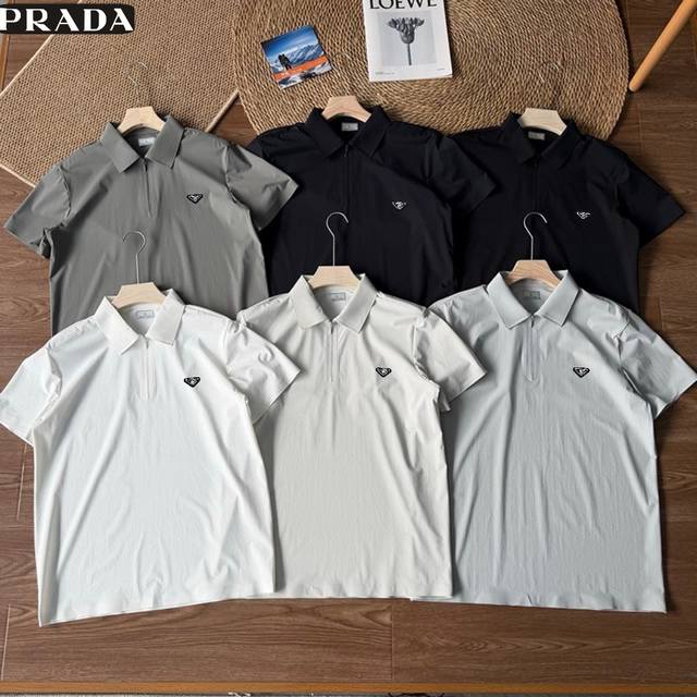 110 Prada High-Quality Outdoor Polo Shirt with Lapel, Solid Color, Casual and Ve