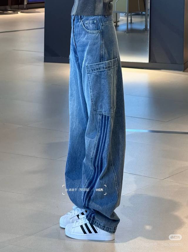 模特图 供 Adidas 阿迪达斯长裤女子纯棉牛仔宽松阔腿运动裤扭扭裤Kr2628 蓝色弯刀工装牛仔裤女款2026新款夏季美式酷飒小个子福利 重水洗柔光打磨的8