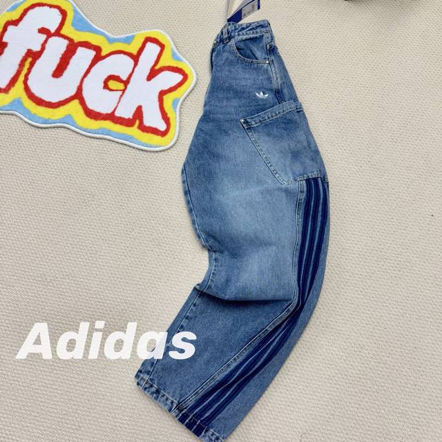 Adidas 阿迪达斯长裤女子纯棉牛仔宽松阔腿运动裤扭扭裤Kr2628 蓝色弯刀工装牛仔裤女款2026新款夏季美式酷飒小个子福利 重水洗柔光打磨的800大克重牛