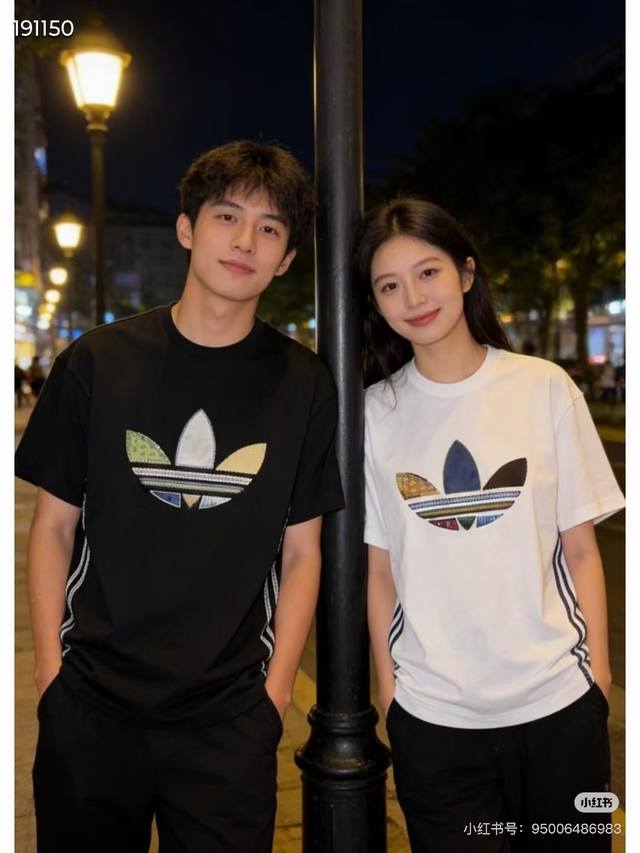 100 模特图细节图 Adidas阿迪达斯三叶草男女2026新款Tour Tee Ss宽松短袖T恤 胸前大Logo+侧边三条杠，民族风拼接T恤 纯棉面料，透气舒