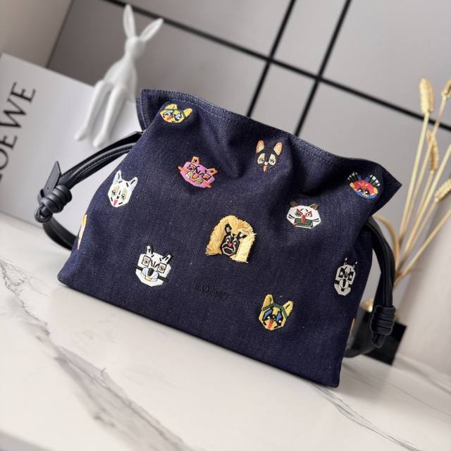 Large 1590 Loewe Medium Embroidered Denim Flamenco Lucky Bag Clutch. This medium