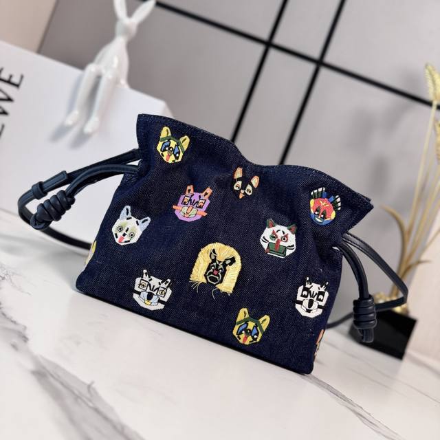 Small 1510 Loewe Small Embroidered Denim Flamenco Lucky Bag clutch bag. The soft
