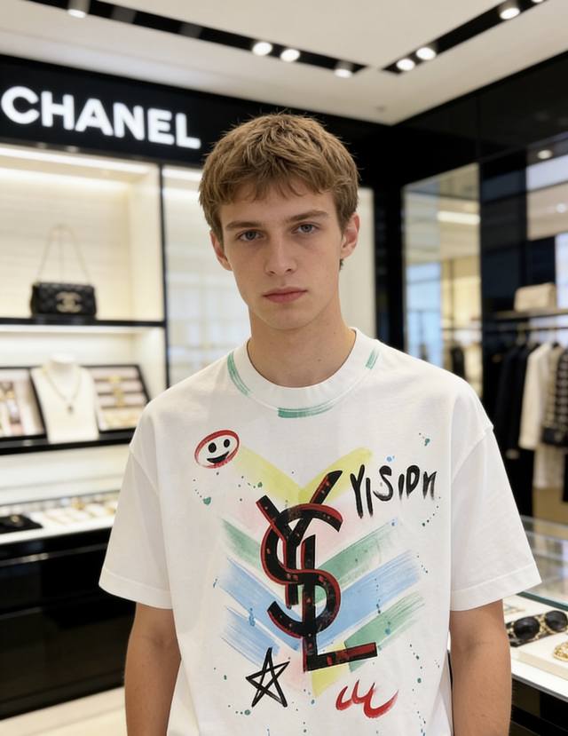 Ysl2026春夏新款首发专柜最新款短袖圆领T恤 高端订制 设计前卫时尚！品牌Logo手绘涂鸦 高端定制棉面料.手感柔软.穿着舒适.专柜级别精致车线.做工精细.