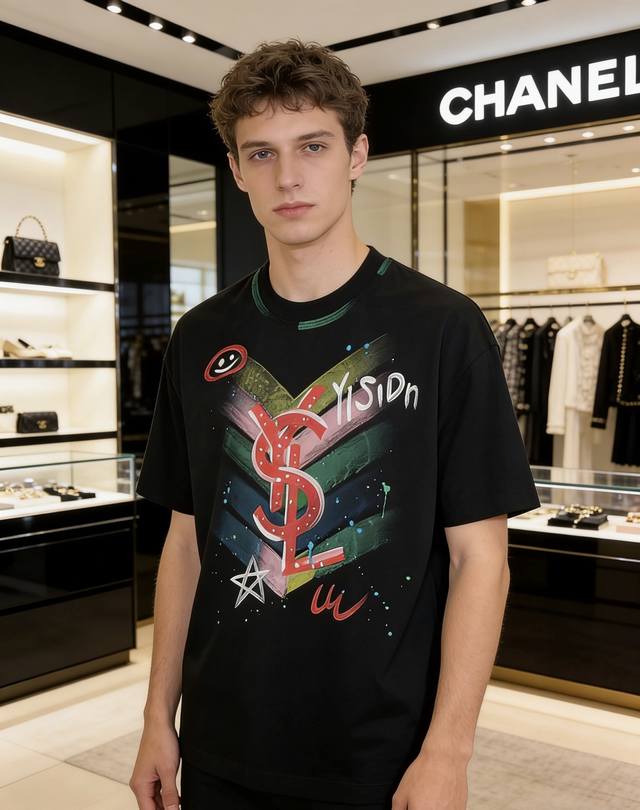 Ysl2026春夏新款首发专柜最新款短袖圆领T恤 高端订制 设计前卫时尚！品牌Logo手绘涂鸦 高端定制棉面料.手感柔软.穿着舒适.专柜级别精致车线.做工精细.