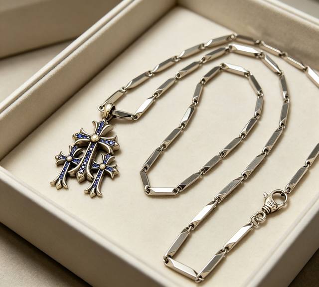 Blue Diamond Triple Cross Bamboo Chain 2026 Hot Selling Chrome Hearts Necklace V