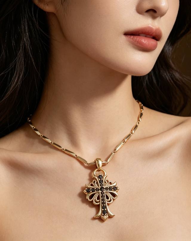 Chrome Hearts Black Gold Diamond-Studded Sword and Cross Bamboo Chain | A Must-H