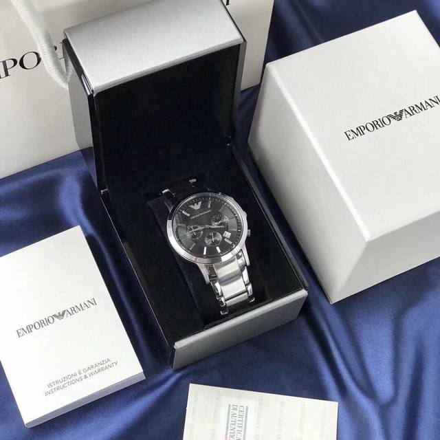 360品牌阿玛尼Armani 型号：Ar2458白面Ar2448蓝面 Ar2434黑面 进口石英机芯矿物强化玻璃镜面不锈精钢表带隐形双锁扣三眼计时日期窗口巴塞尔