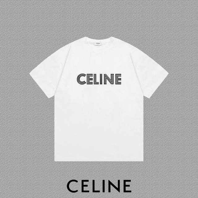 P90 [Celine] 2025Fw Short-Sleeve T-Shirt with Flocked Lines and Letter Logo, Hig