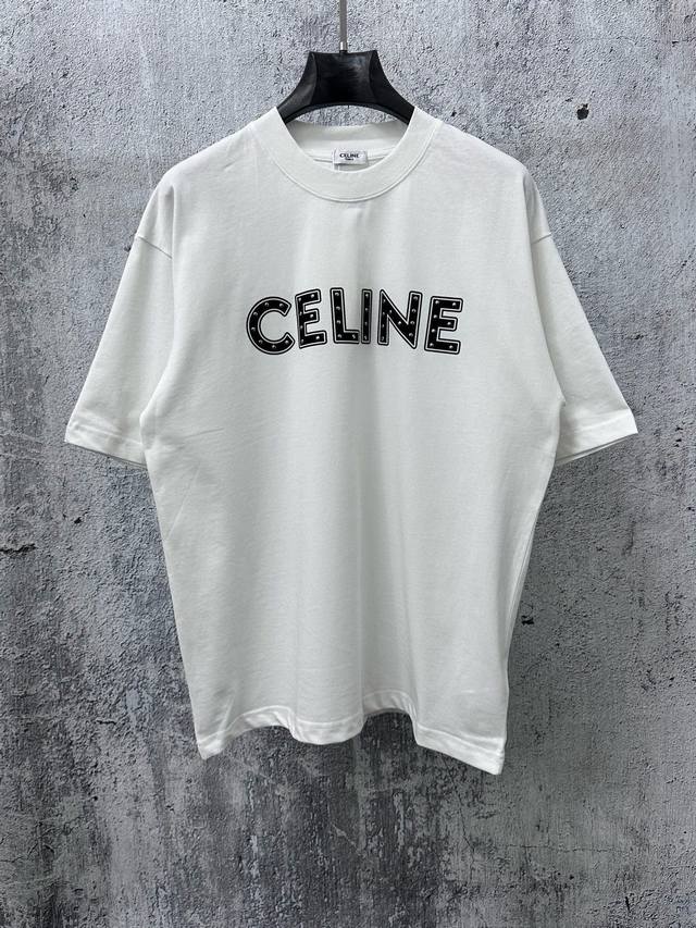 P90 Celine Logo Riveted Couple Short-Sleeve T-Shirt Made of high-cost 280g doubl