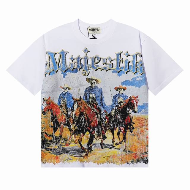 P80，编号Ma061，Majestik Cowboy Graphic Crop Tee烫钻 颜色：白色； 尺码：S M L Xl