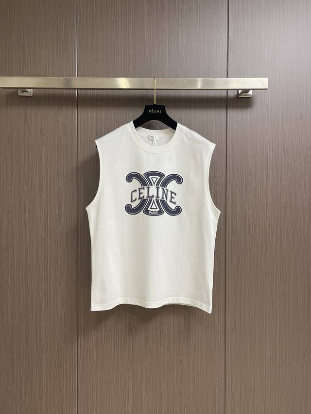 P90 Celine classic logo sleeveless T-shirt/vest. Made of 170g 50-count double-pl