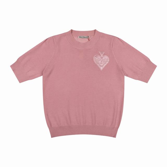 P90 #L36 Pink Mardi Mercredi Spring/Summer Heart Embroidered Knitwear Casual Cre