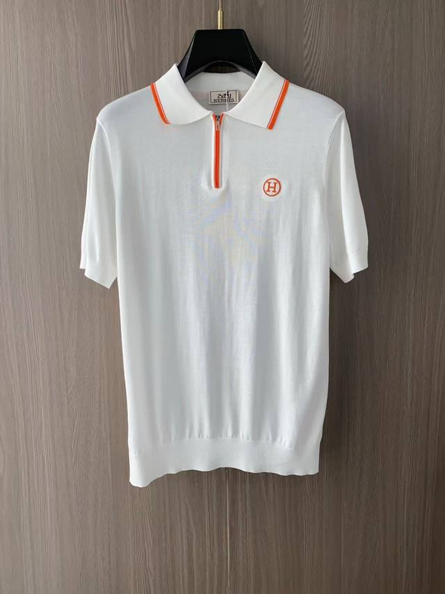 P240. Hermes 2026 New Men's High-End Minimalist Collared Knit Polo Short-Sleeve