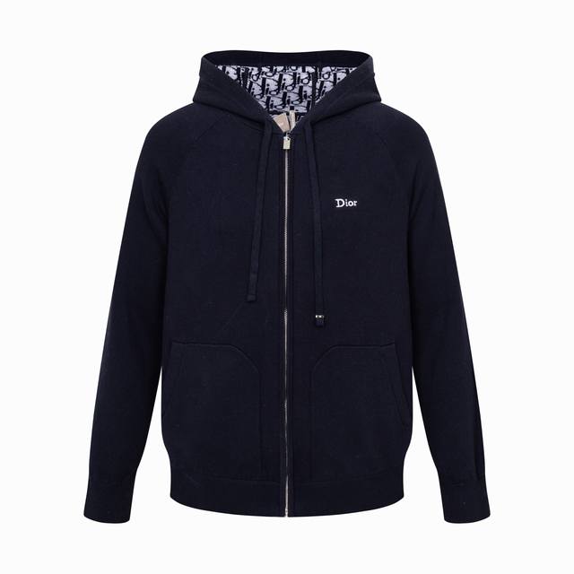 P440 Dior 26Ss Letter Embroidery Lined Jacquard Cashmere Hooded Jacket, Blue. De