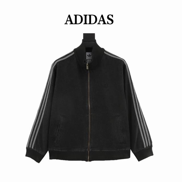 330 Adidas W71 Trefoil Stand Collar Denim Jacket, Black + Blue . Featuring a hea