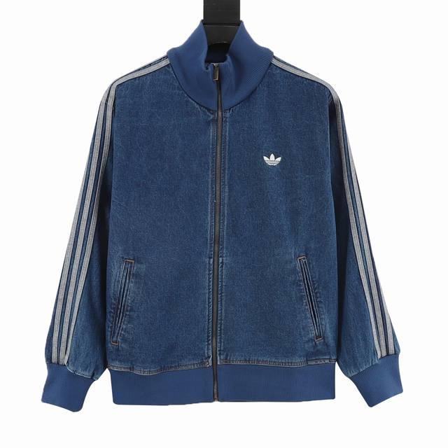 330 Adidas W71 Trefoil Stand Collar Denim Jacket, Black + Blue . Featuring a hea