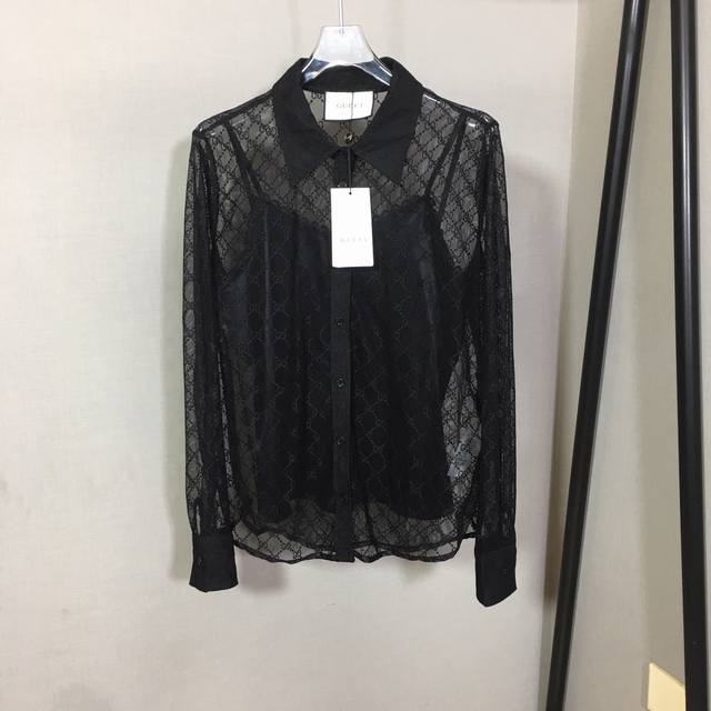 Style No. 0611 Gucc* New double G letter mesh sheer lapel long-sleeved elegant s