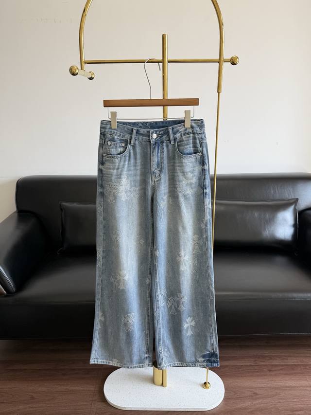 P300 Chrome Hearts Style Rhinestone Straight Leg Jeans. Stylish and eye-catching