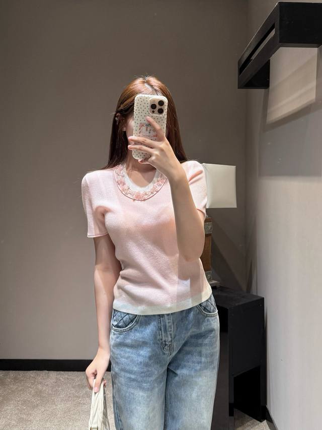 P340 70 Spring/Summer New Arrival Original Pink Beaded Knit Top - Custom-made So