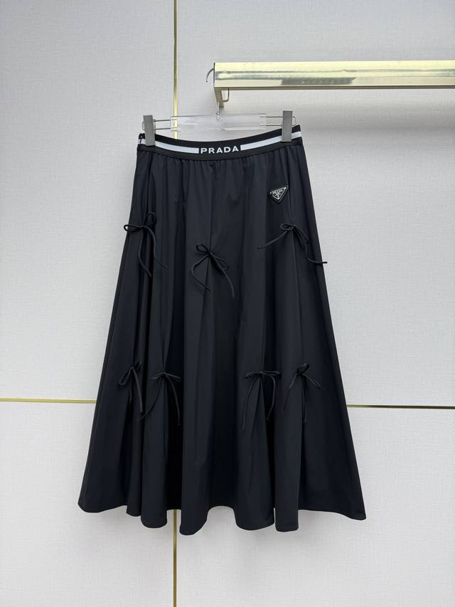 Prad* 26Ss New Style Midi Skirt with Letter Waistband, Triangle Logo, and Bow De