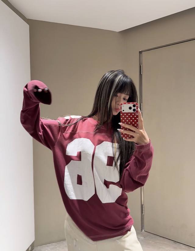 P340 90 Spring/Summer New Arrival Ac** Retro Burgundy "96" Number Print Long-Sle