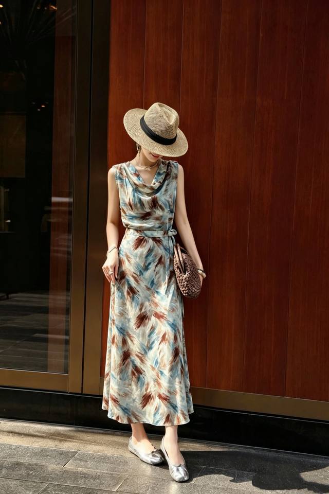 P320 This misty caramel silk dress features a halter neckline and Monet-esque br
