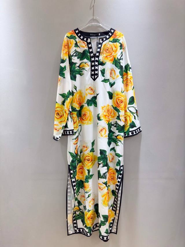 P270D*G Dolce & Gabbana Women's Fashion Golden Rose Floral Pattern Long Loose Dr