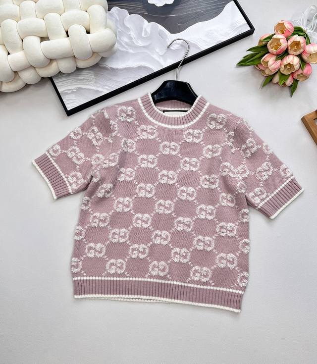 P310 Gucci Classic Monogram Jacquard Knit Wool Crew Neck Short-Sleeve T-Shirt. F