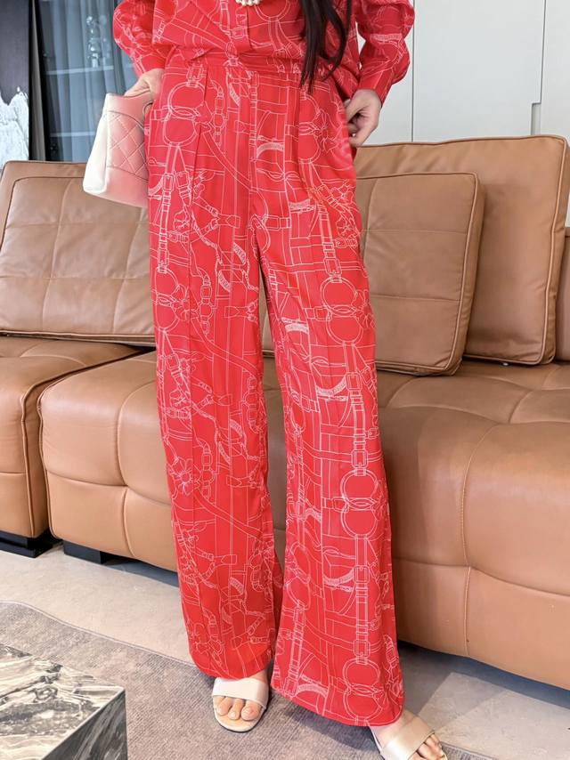 Wide-leg Pants P460 Herme* 26Ss New Silk Wide-leg Pants Pattern Print Decoration