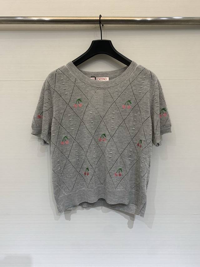 P270 Valentino 26 Summer New Arrival Cherry Embroidery Crew Neck Short Sleeve Dr