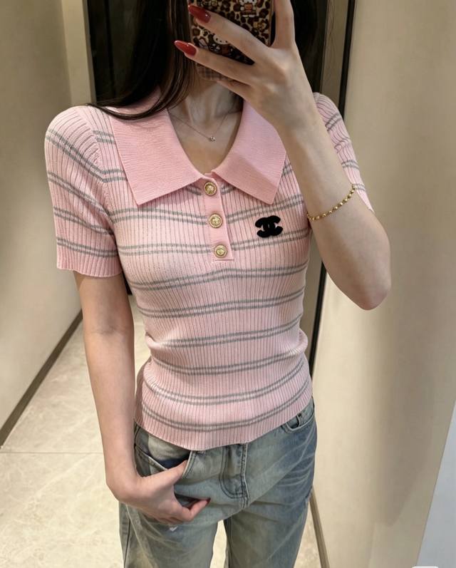 110 Ch小香条纹翻领针织短袖