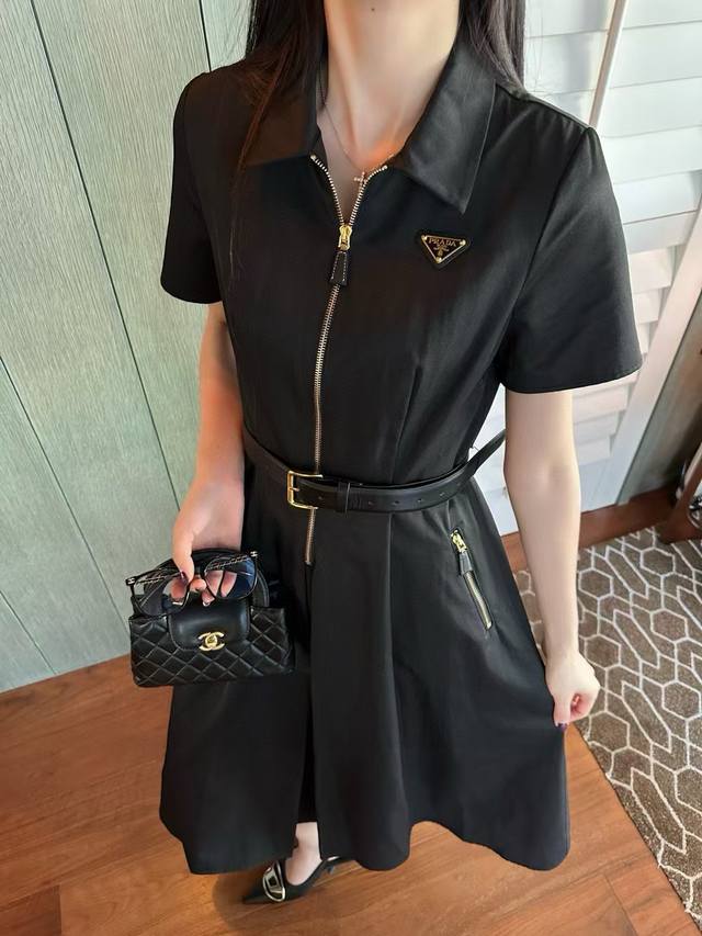 Prad* 26Ss New Workwear Style Dress with Custom Triangle Logo Decoration, High-E