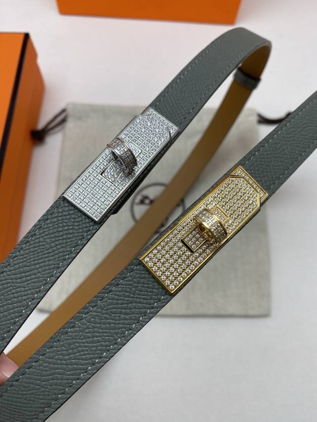 Hermes Kelly 18 belt, stainless steel with rhinestone hardware, original Epsom l