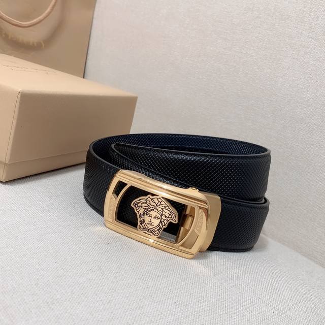 P210 Versace, New Men's Belt, Calfskin Leather, Steel Automatic Buckle, Casual S
