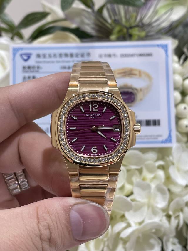 客自来表定制18K包金天然钻石版Pp9110鹦鹉螺 圈口镶嵌优质天然南非钻石 火彩十足颗颗饱满 32Mm表径石英机芯 专柜版调色 18K玫瑰金偏黄色 18K玫瑰