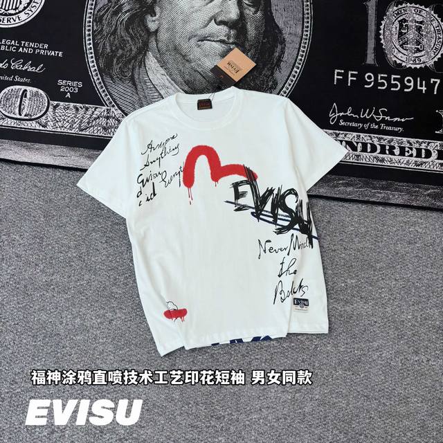 發110 -Evisu福神涂鸦直喷技术工艺印花短袖 男女同款 -面料：采用原版一比一定织定染280G双纱面料。纹理清晰，质感满满，同缸定染1×1无色差精密纯棉螺