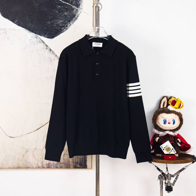 p190Zp [Exclusive Supply] Thom Browne Classic Four-Stripe Knit Polo Shirt, Colla