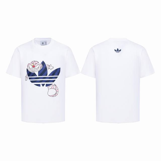 80 Adidas三叶草×迪士尼柴郡猫联名短袖T恤 230G白色纯棉材质，柔软透气，夏天穿超舒服！正面三叶草Logo+柴郡猫卡通，俏皮又有辨识度，背面小Logo