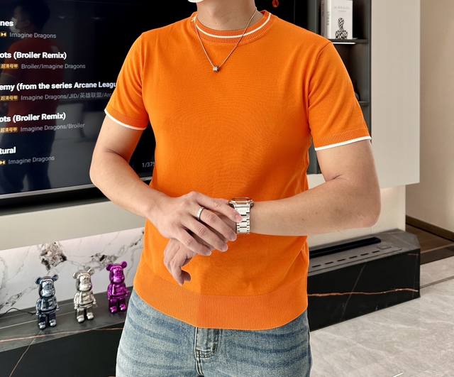 p120 Hermes 爱马仕 拼色领 针织衫圆领 升级，灵感源自八十年代复古 原版面料 官方同款 圆领针织衫T恤 定制 网纱毛衣针织面料 手感非常舒服 春夏最