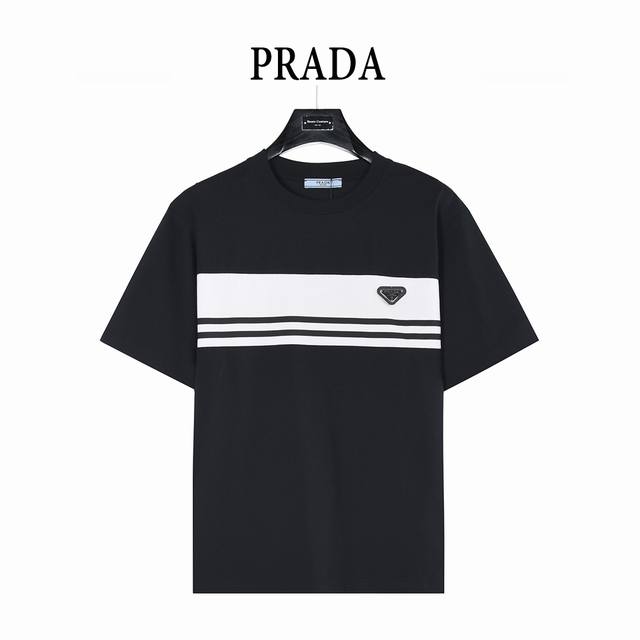 160 prada 普拉达 条纹拼接三角标镶嵌短袖T恤 面料采用高克重260G重精梳棉，定制1:1螺纹，面料舒适亲肤无异感， 专柜定制面料 透气舒适度高 细节无