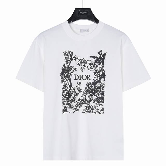 140 Dior 迪奥26Ss 花鸟剪影印花短袖T恤 料采用280克重精梳棉 定制32支1*1螺纹 成衣两遍水洗处理 面料舒适亲肤无异感 定制定染面料 纺织密度